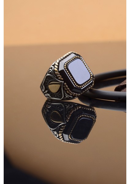 Siyah Zirkon Taş Damla Desenli Kare 925 Ayar Gümüş Erkek Yüzük fiyatları