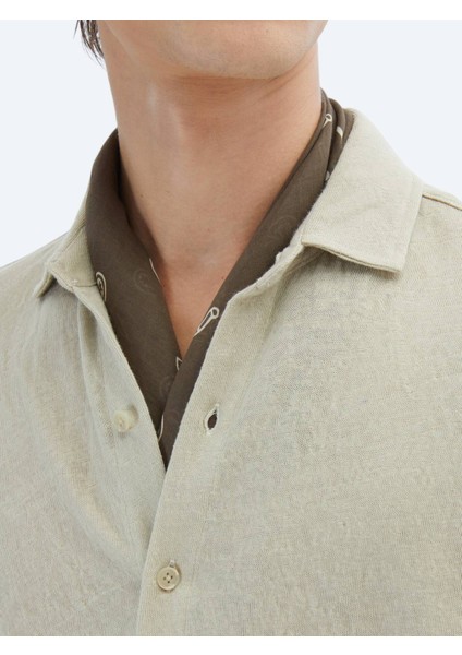 Bej Düz Regular Fit Casual Pamuk Karışımlı Gömlek