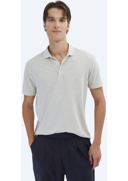 Bej Çizgili Polo Yaka Pamuk Karışımlı T-Shirt
