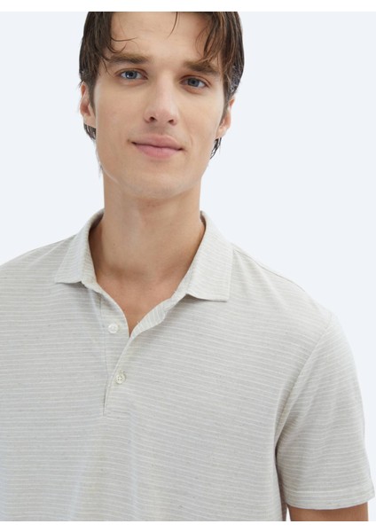 Bej Çizgili Polo Yaka Pamuk Karışımlı T-Shirt