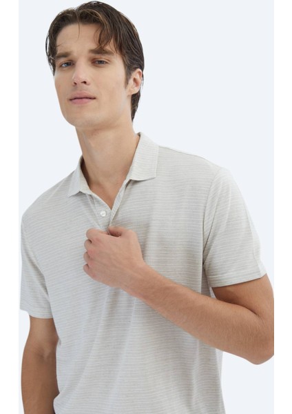 Bej Çizgili Polo Yaka Pamuk Karışımlı T-Shirt