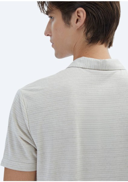 Bej Çizgili Polo Yaka Pamuk Karışımlı T-Shirt