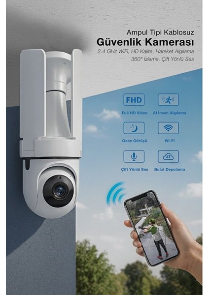 360° Projektör Ampul Güvenlik Kamerası | Wi-Fi | Gece Görüş | Hareket Takip | Çift Yönlü Ses