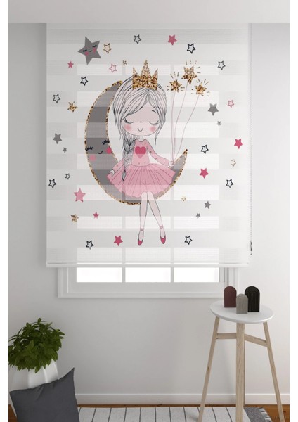 Zebra Perde Sevimli Ay Yıldız Prenses Desenli Çocuk Odası Zebra Perde