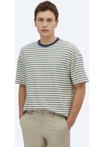 Ekru Çizgili Bisiklet Yaka %100 Pamuk T-Shirt