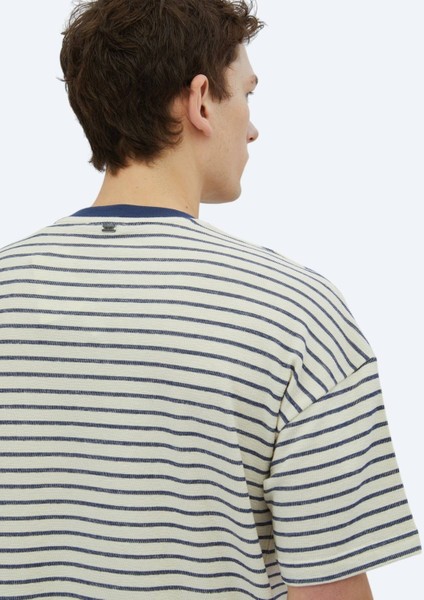 Ekru Çizgili Bisiklet Yaka %100 Pamuk T-Shirt