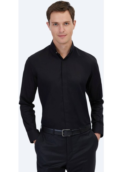 Siyah Regular Fit Dokuma Klasik %100 Pamuk Gömlek fiyatları