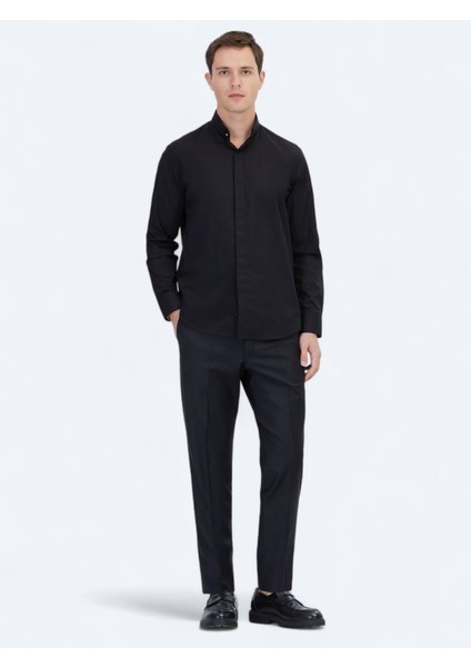 Siyah Regular Fit Dokuma Klasik %100 Pamuk Gömlek modelleri