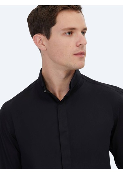 Siyah Regular Fit Dokuma Klasik %100 Pamuk Gömlek fırsatları