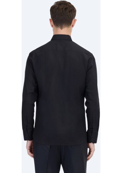 Siyah Regular Fit Dokuma Klasik %100 Pamuk Gömlek