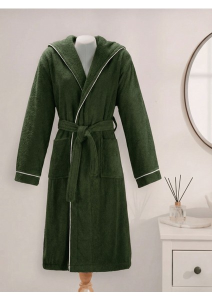 Unisex Koyu Yeşil %100 Pamuk Bornoz Yüksek Kalite | Kapüşonlu-Biyeli-Cepli-Yeşil