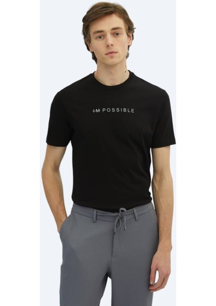 Siyah Baskılı Bisiklet Yaka %100 Pamuk T-Shirt fiyatları