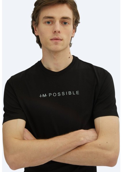 Siyah Baskılı Bisiklet Yaka %100 Pamuk T-Shirt fırsatları