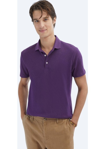 Mor Düz Polo Yaka Pamuk Karışımlı T-Shirt