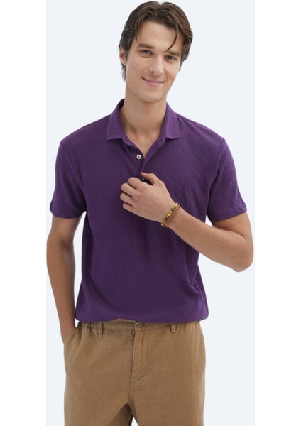 Mor Düz Polo Yaka Pamuk Karışımlı T-Shirt