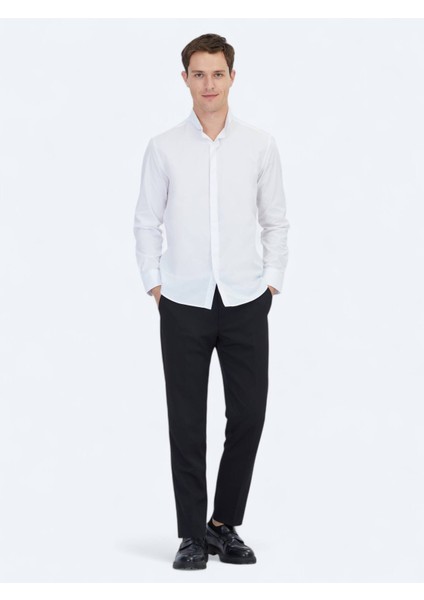 Beyaz Regular Fit Dokuma Klasik %100 Pamuk Gömlek