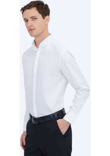 Beyaz Regular Fit Dokuma Klasik %100 Pamuk Gömlek