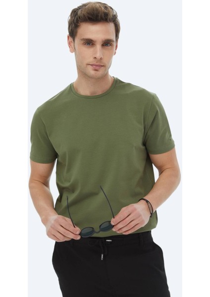 Haki Düz Bisiklet Yaka Pamuk Karışımlı T-Shirt