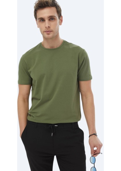 Haki Düz Bisiklet Yaka Pamuk Karışımlı T-Shirt