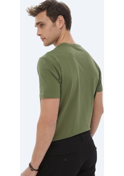 Haki Düz Bisiklet Yaka Pamuk Karışımlı T-Shirt