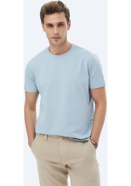 Mavi Düz Bisiklet Yaka Pamuk Karışımlı T-Shirt