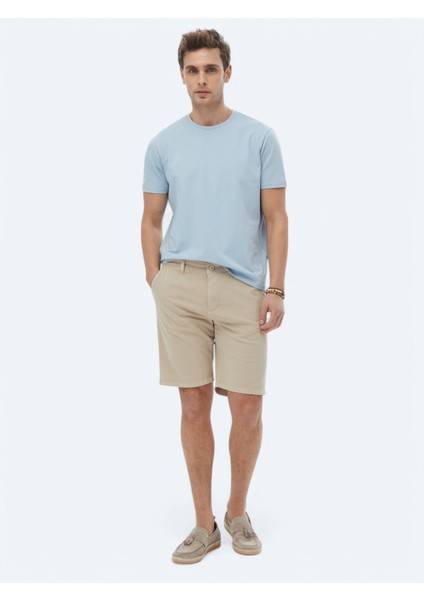 Mavi Düz Bisiklet Yaka Pamuk Karışımlı T-Shirt