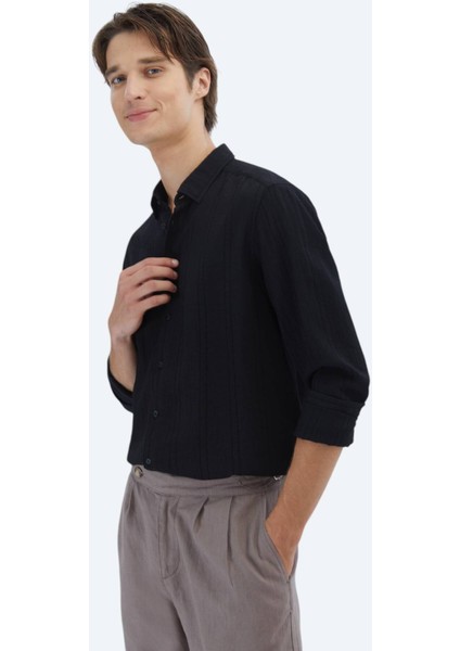 Siyah Regular Fit Dokuma Klasik Gömlek