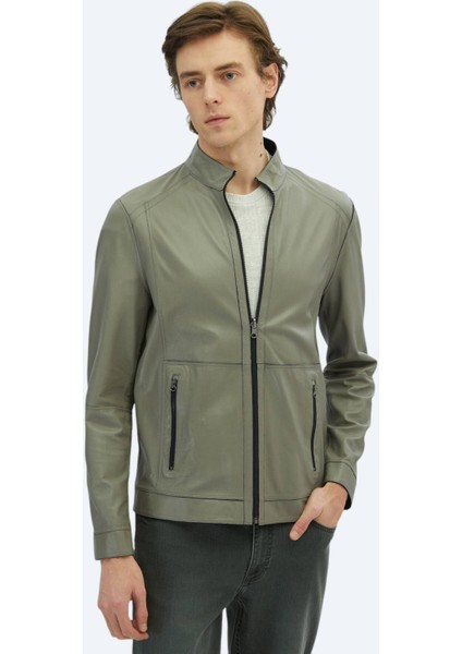 Lacivert Regular Fit Dik Yaka Smart Casual Deri Çift Taraflı Deri Mont