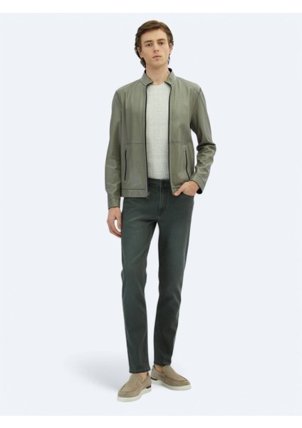 Lacivert Regular Fit Dik Yaka Smart Casual Deri Çift Taraflı Deri Mont