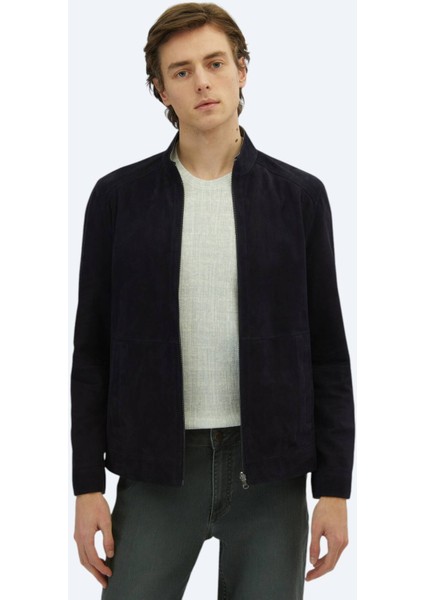 Lacivert Regular Fit Dik Yaka Smart Casual Deri Çift Taraflı Deri Mont