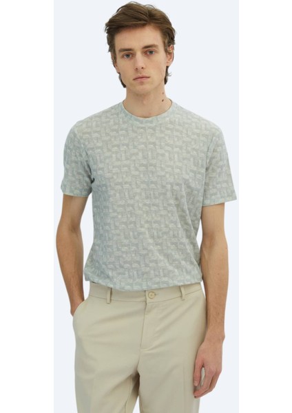 Açık Haki Baskılı Bisiklet Yaka Pamuk Karışımlı T-Shirt fiyatları