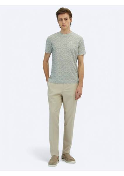 Açık Haki Baskılı Bisiklet Yaka Pamuk Karışımlı T-Shirt modelleri