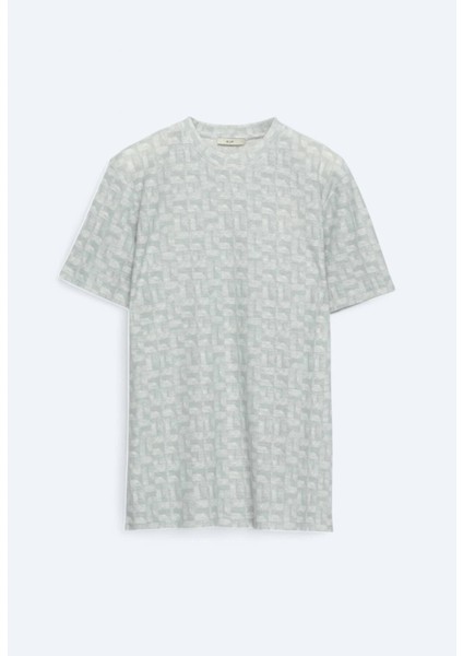 Açık Haki Baskılı Bisiklet Yaka Pamuk Karışımlı T-Shirt