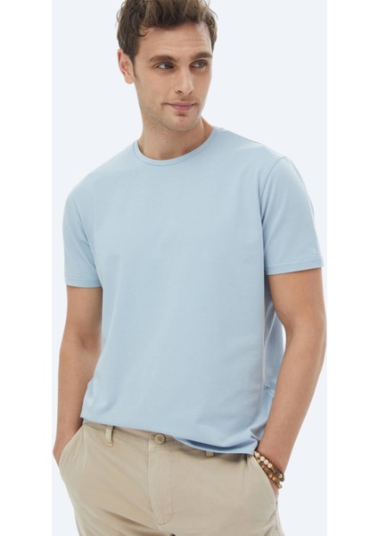 Mavi Düz Bisiklet Yaka Pamuk Karışımlı T-Shirt