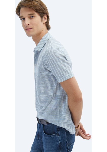 Mavi Baskılı Polo Yaka Pamuk Karışımlı T-Shirt