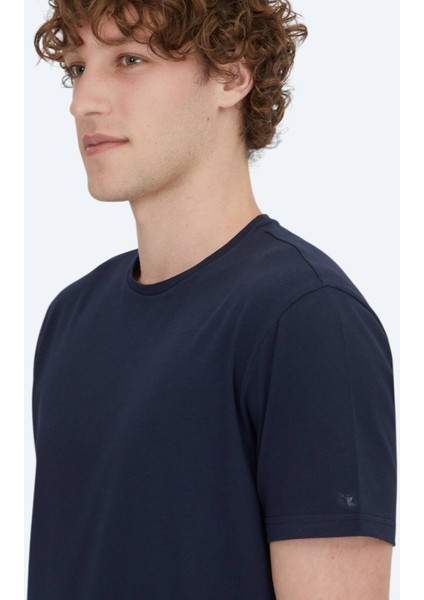 Lacivert Düz Bisiklet Yaka Pamuk Karışımlı T-Shirt