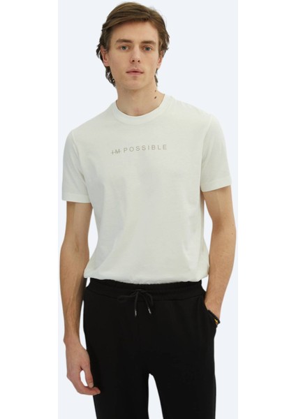 Kırık Beyaz Baskılı Bisiklet Yaka %100 Pamuk T-Shirt fiyatları