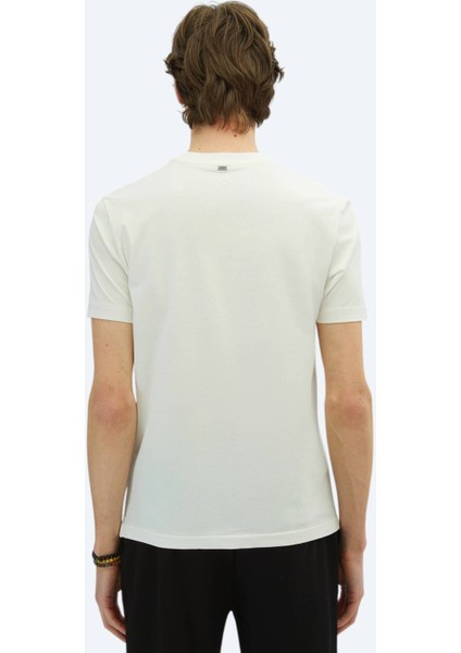 Kırık Beyaz Baskılı Bisiklet Yaka %100 Pamuk T-Shirt