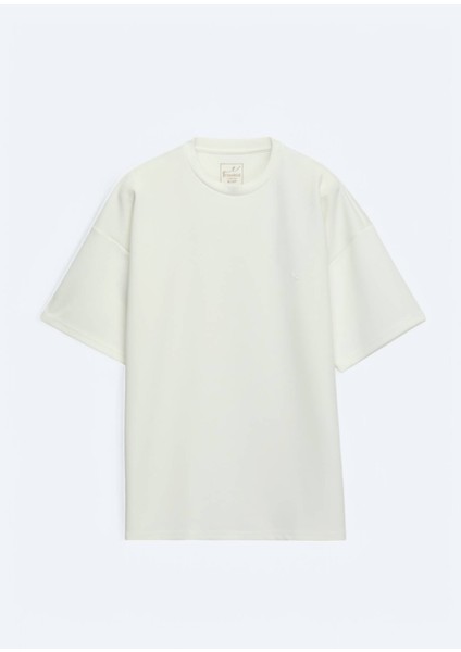 Ekru Düz Bisiklet Yaka T-Shirt