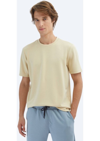 Açık Sarı Düz Bisiklet Yaka T-Shirt