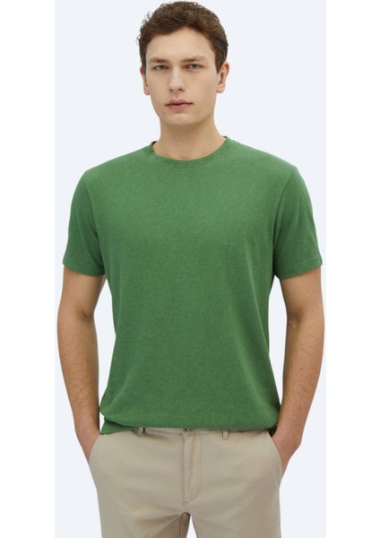 Fıstık Yeşili Düz Bisiklet Yaka Pamuk Karışımlı T-Shirt