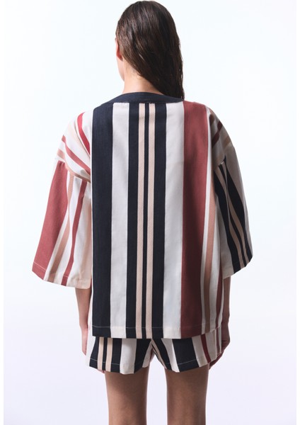 Shay Striped Etnik Desen V Yaka Oversize Kimono