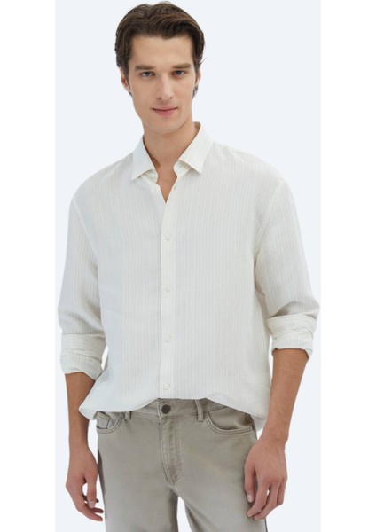 Safran Çizgili Oversize Fit Dokuma Casual Gömlek