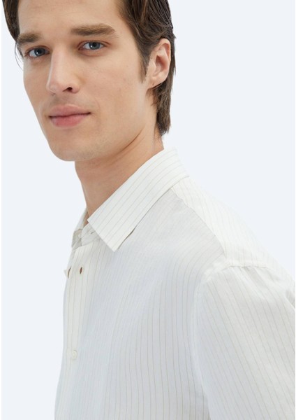 Safran Çizgili Oversize Fit Dokuma Casual Gömlek