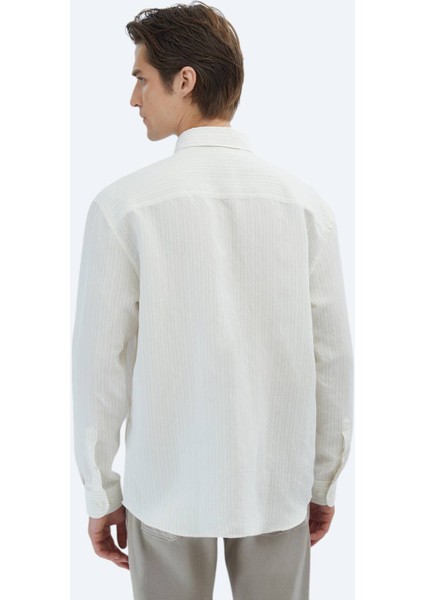 Safran Çizgili Oversize Fit Dokuma Casual Gömlek