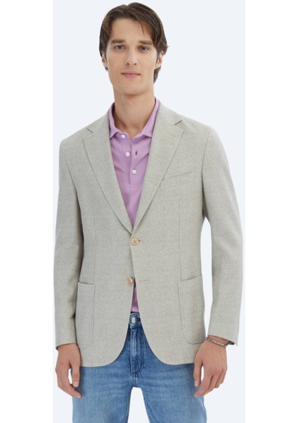 Açık Haki Desenli Modern Fit Keten Karışımlı Ceket