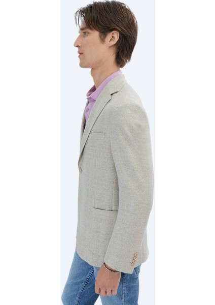 Açık Haki Desenli Modern Fit Keten Karışımlı Ceket