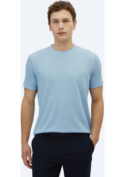 Mavi Düz Bisiklet Yaka Pamuk Karışımlı T-Shirt