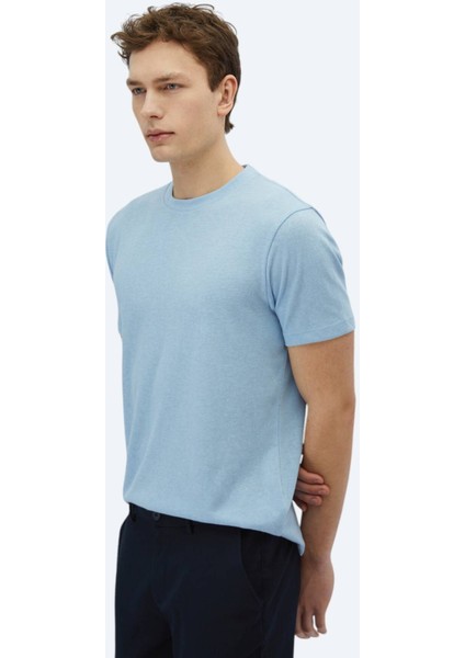 Mavi Düz Bisiklet Yaka Pamuk Karışımlı T-Shirt