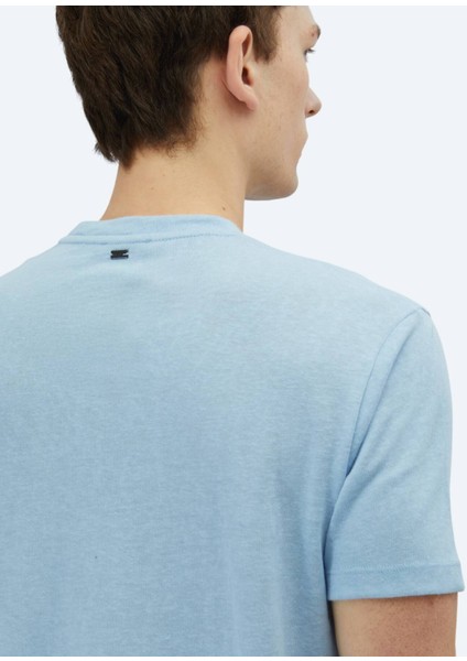Mavi Düz Bisiklet Yaka Pamuk Karışımlı T-Shirt